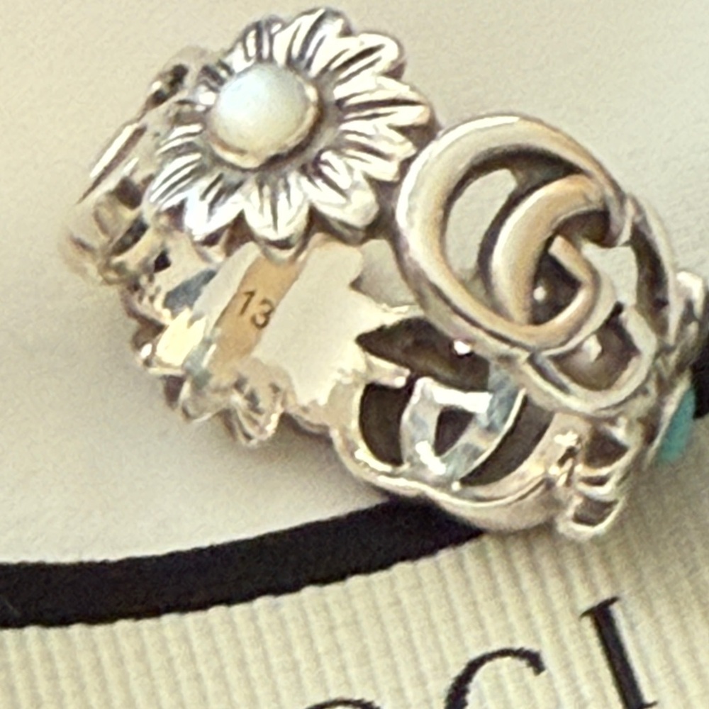 Gucci Double G Mother Of Pearl Turquoise Sterling Silver Ring Size 13 (6.5 US) - Picture 9 of 9